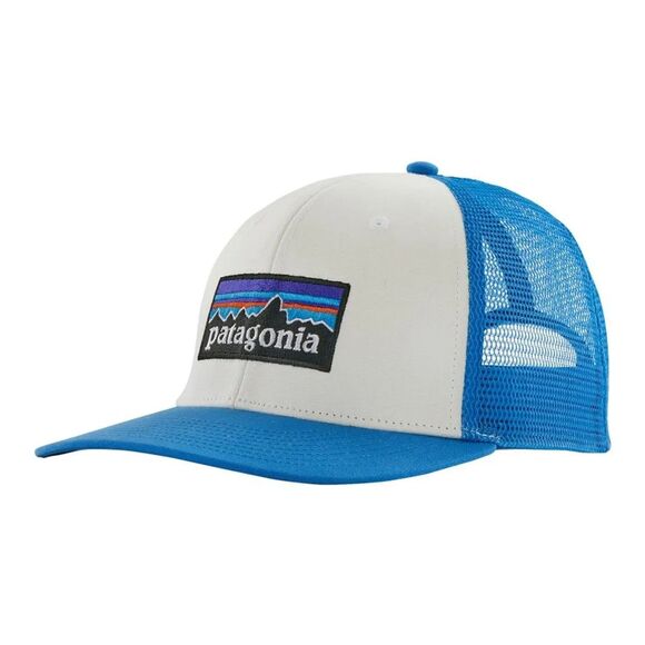 NEW Patagonia P-6 Logo Trucker Hat White Vessel Blue SnapBack Mesh Cap - Picture 1 of 12